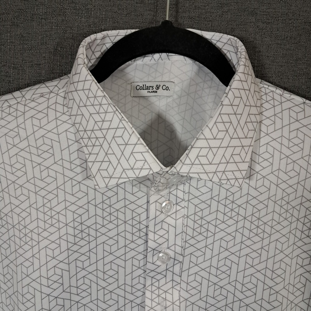 Collars & Co Mens Semi Spread Collar Polo Shirt XL White Geometric Short‎ Sleeve - Picture 8 of 15